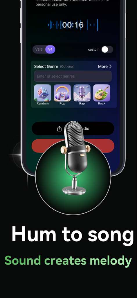 Songdio - AI Music Video Maker - Songdio App-Oberfläche, die die Hum-to-Song-Funktion mit Optionen für Pop-, Rap- und Rock-Genres zeigt
