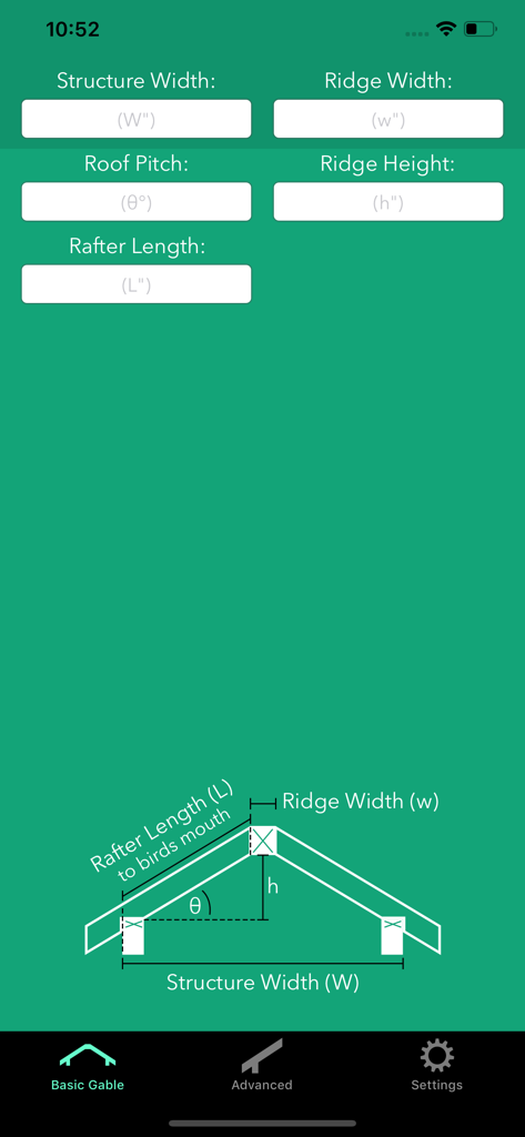 Rafter Help - Rafter Help app interface showing basic gable roof calculation inputs and diagram