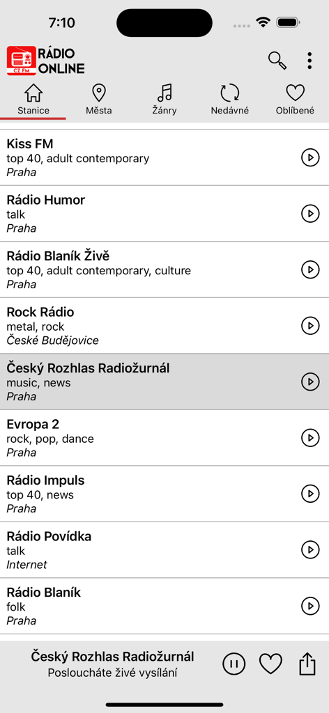 Rádio Online Česká - Interface da aplicação Rádio Online República Checa mostrando uma lista de estações de rádio checas, incluindo Kiss FM e Evropa 2