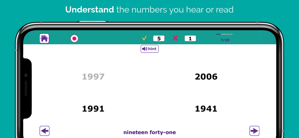Ein Screenshot der Number Therapy App, der eine Zahlenverständnisübung zur Aphasie-Genesung auf einem Smartphone zeigt.