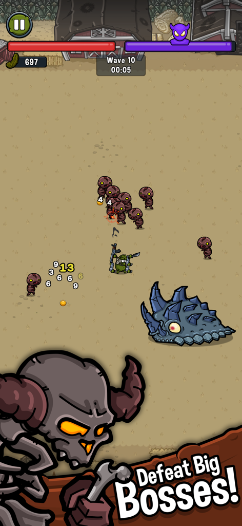 Pickle Pete: Survivor - Pickle Pete survivor game character fighting a large boss and waves of enemies