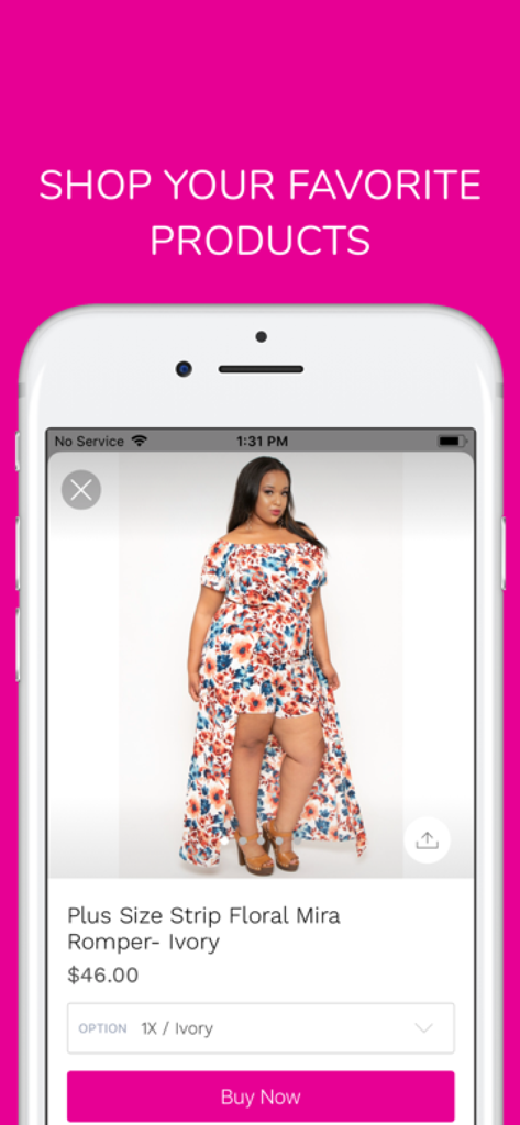 Curvy Sense - Smartphone screen showing a plus size floral romper on the Curvy Sense mobile shopping app