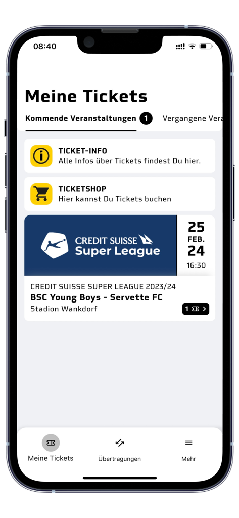 BSC YB Ticket-App - Dashboard of the BSC YB Ticket-App showing an upcoming football match ticket