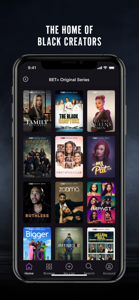 Interface de l'application mobile BET Plus présentant une sélection de séries originales de créateurs noirs.