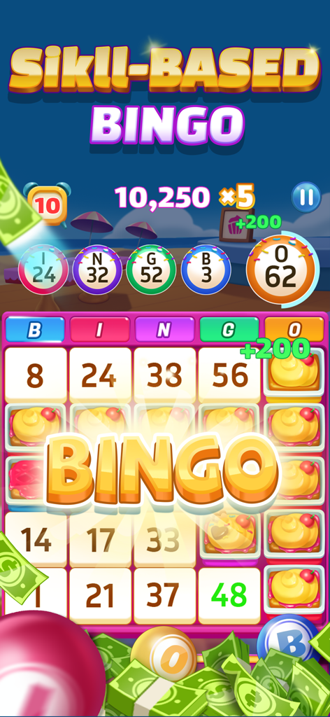 Skill-based bingo gameplay screen showing a winning board with real money cash rewards