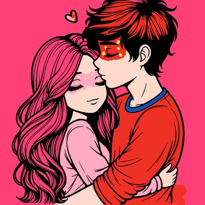 a realistic couple boy and girl hugging and kissing