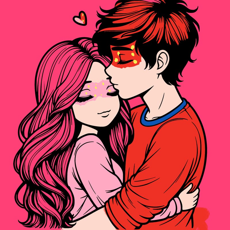 a realistic couple boy and girl hugging and kissing