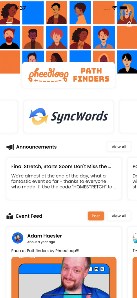 PheedLoop Go! - PheedLoop Go app interface showing event announcements and social feed