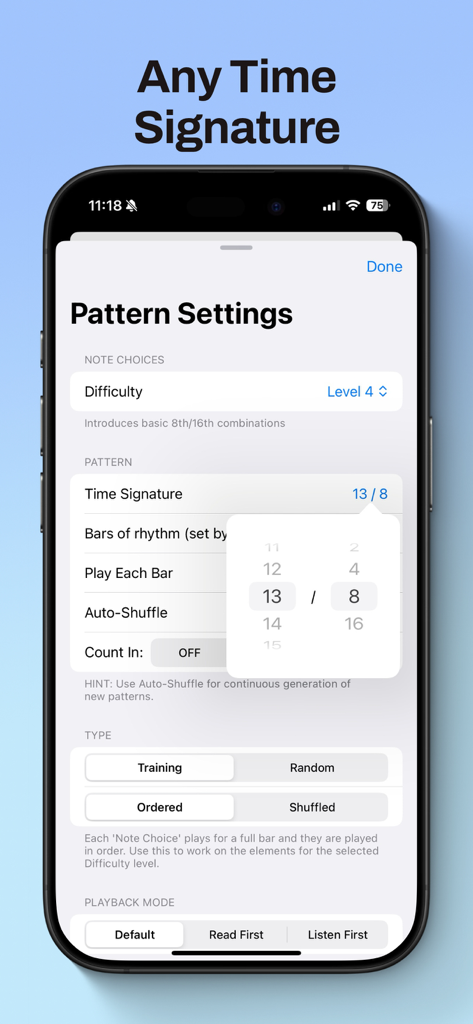 Rhythm Generator - Interface of the Rhythm Generator app showing the selection of a custom 13/8 time signature in the pattern settings menu.