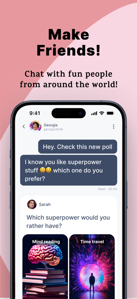 Una pantalla de smartphone mostrando la interfaz de chat de la app HICH donde los usuarios comparten y discuten encuestas visuales.