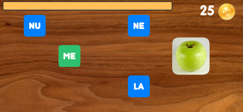 Scrivere con le sillabe Pro - Italian educational game screen showing syllables to form the word mela next to an image of a green apple.