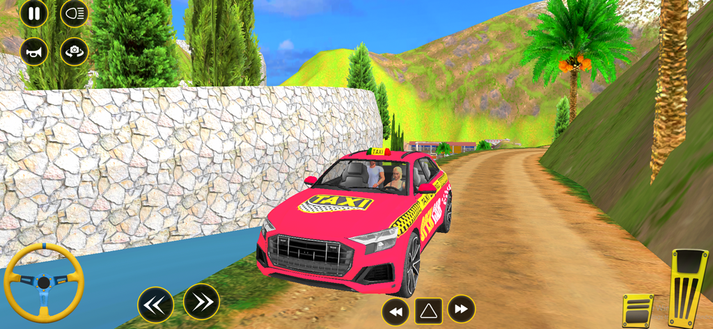 Um táxi rosa dirigindo em uma estrada de terra de montanha em um jogo de simulação 3D.