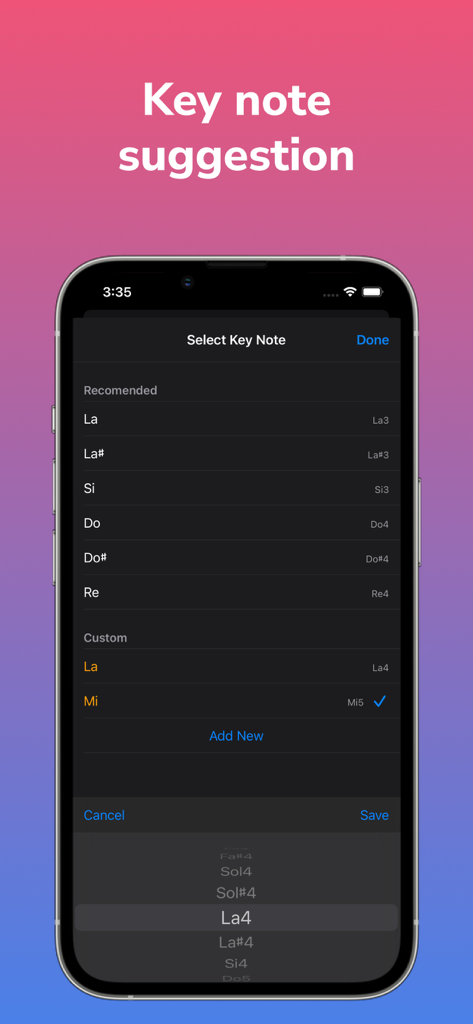 A screenshot of the Baglama Tuner app showing the key note suggestion menu with various musical note options for tuning the instrument.