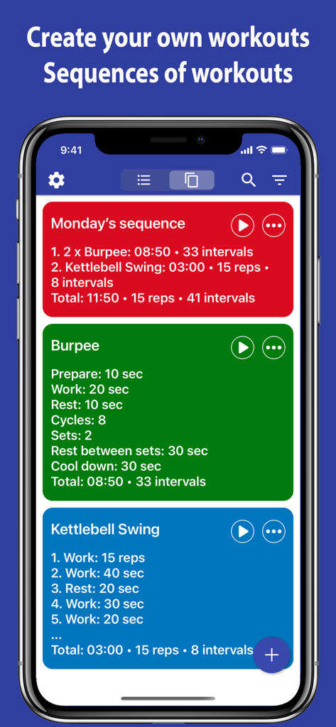 A mobile app screen showing custom interval training sequences for burpees and kettlebell swings