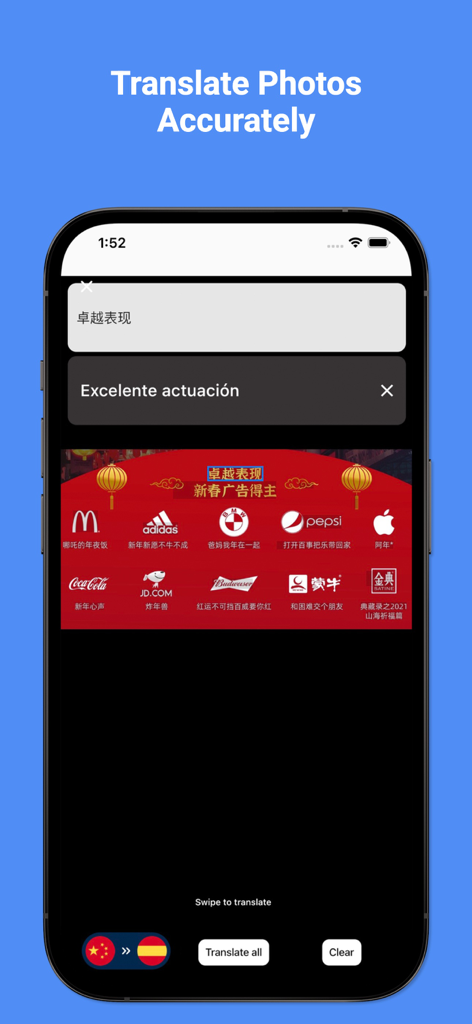 Spanish Translator Pro - 45+ - Interfaz de la aplicación Spanish Translator Pro que muestra la función de traductor de cámara convirtiendo texto chino a español.