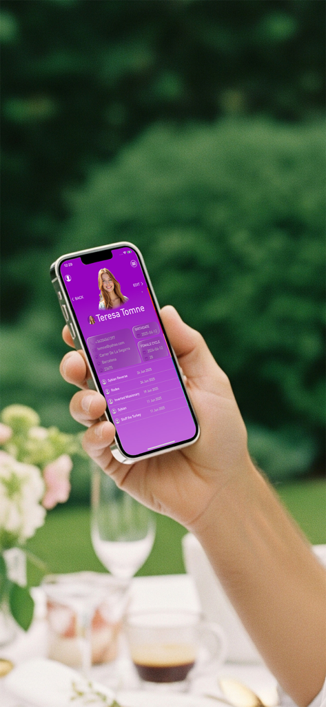 A person holding a smartphone showing a user profile screen within the 101 Positions KamaSutra Prime app featuring personal details and a sex diary log.