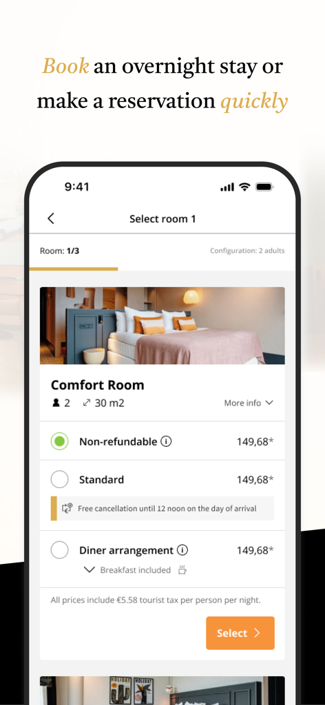 Mobile app interface of Van der Valk Exclusief showing room selection options and pricing for a comfort room booking