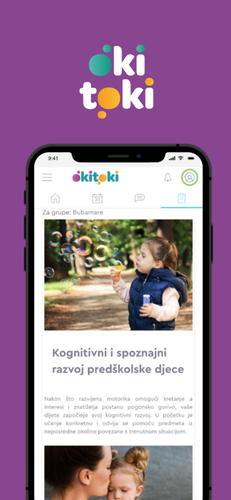 Okitoki - Okitoki mobile app interface showing a child development article with a photo of a young girl blowing bubbles.