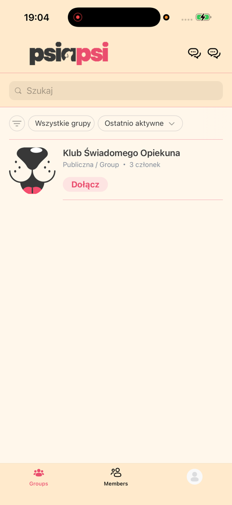 PsiaPsi - Interface of the PsiaPsi app showing community groups for dog owners