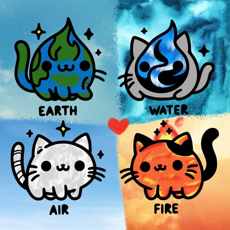 4 cats that represent the different elements, earth, water, air, and fire