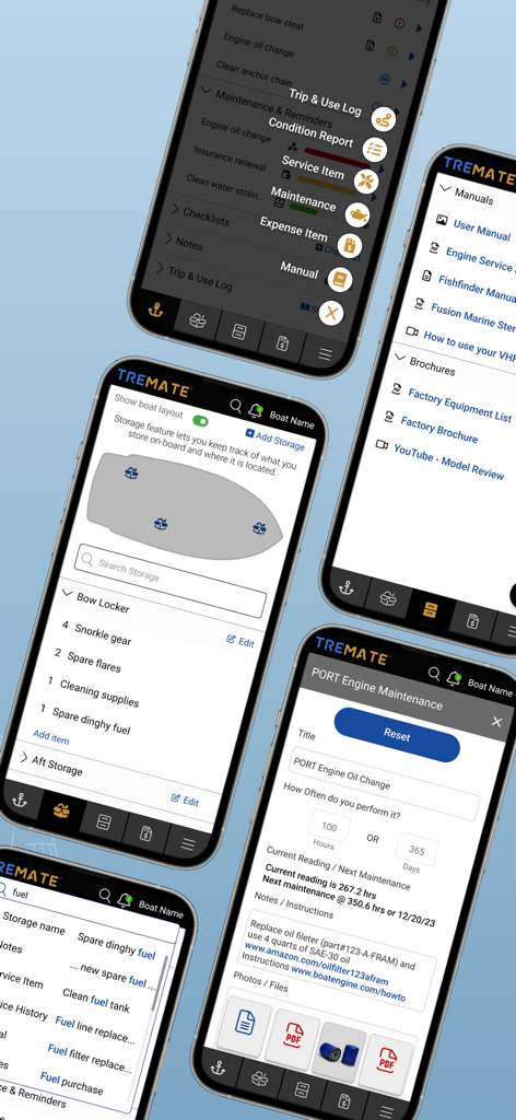 TreMate - Múltiples capturas de pantalla de la aplicación TreMate que muestran horarios de mantenimiento de barcos, manuales digitales y seguimiento del inventario de almacenamiento