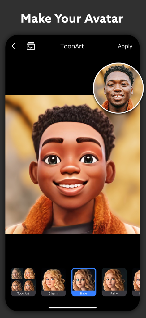 Polaroid AI Photo : ToonArt - Tela do aplicativo ToonArt mostrando uma foto de um homem convertida em um personagem de desenho animado 3D usando o filtro Baby
