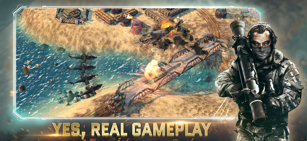 War Commander: Rogue Assault - A 3D military battlefield scene from War Commander Rogue Assault featuring tanks and helicopters attacking a base.