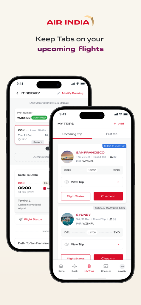 Air India: Book Flight Tickets - App mobile Air India che mostra i prossimi itinerari di volo e lo stato del check-in per i viaggi internazionali