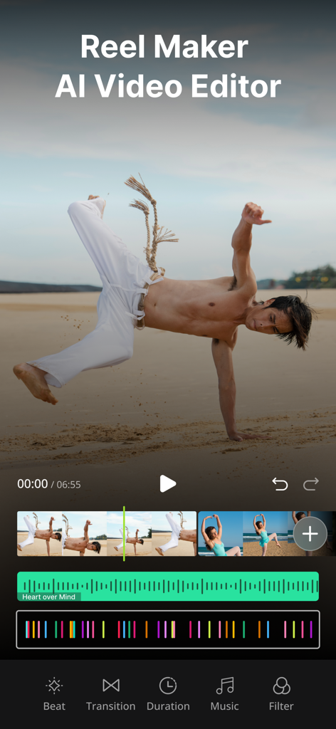 Reel Maker for Insta - BeatMix - BeatMix App-Bildschirm mit einer Videoeditor-Oberfläche mit Musik-Beat-Synchronisation und Zeitachse für Social-Media-Reels