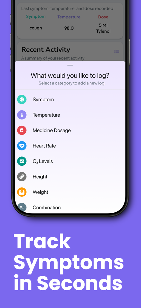 KidVitals: Fever Tracker - Interfaz de la aplicación KidVitals que muestra el menú para registrar síntomas, temperatura, dosis de medicamentos y otros signos vitales de salud