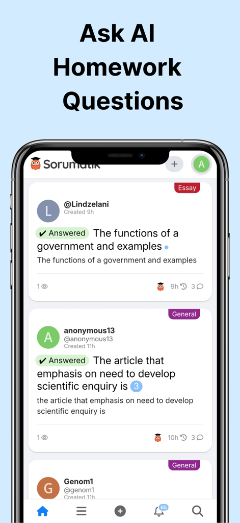 Sorumatik - AI Homework Helper - Sorumatik mobile app interface showing a feed of answered AI homework questions for essay writing and general subjects.