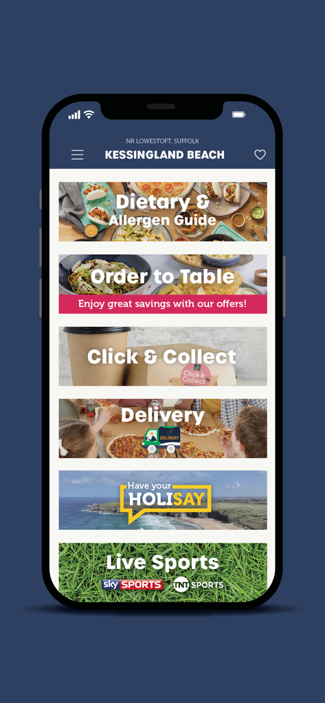 Interfaz de la aplicación Parkdean Resorts Order and Pay con opciones de servicio de comida y bebida.