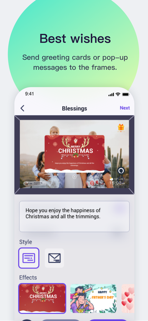 Uhale App-Oberfläche, die zeigt, wie eine digitale Weihnachtskarte an einen Fotorahmen gesendet wird.