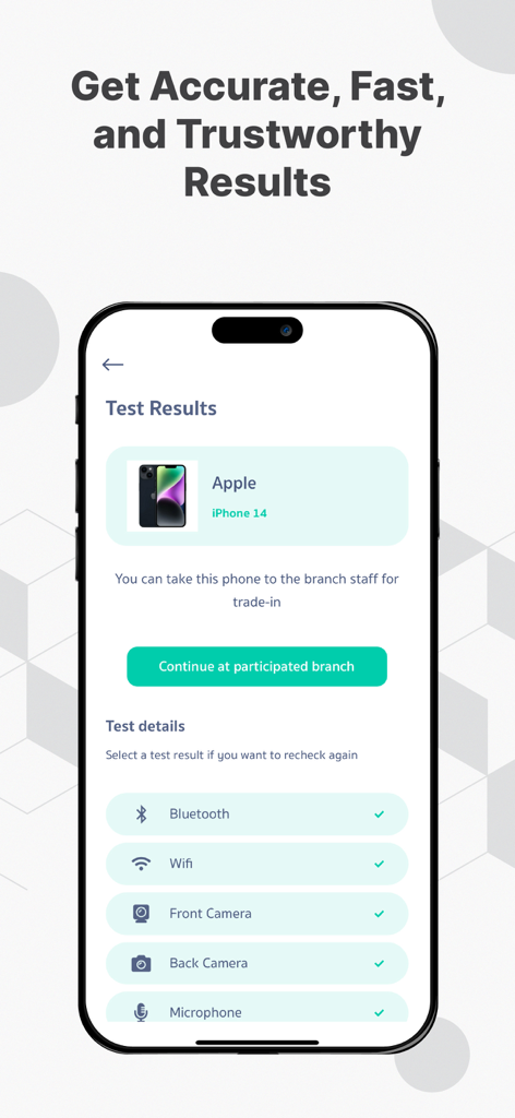 Remobie Check - A smartphone screen displaying hardware diagnostic test results for an iPhone 14 within the Remobie Check app.