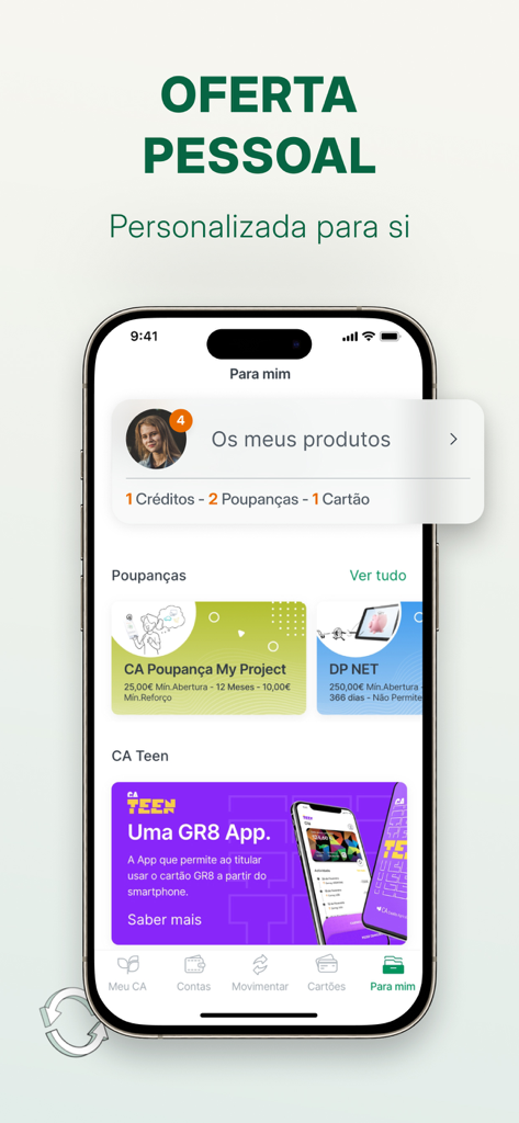 CA Mobile - Ofertas bancárias personalizadas e opções de poupança no ecrã da aplicação CA Mobile