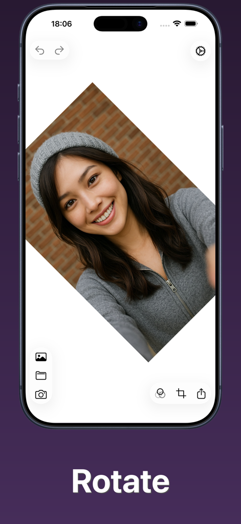 Photo Flipper - selfie mirror - A woman rotating her selfie photo using the Photo Flipper app interface