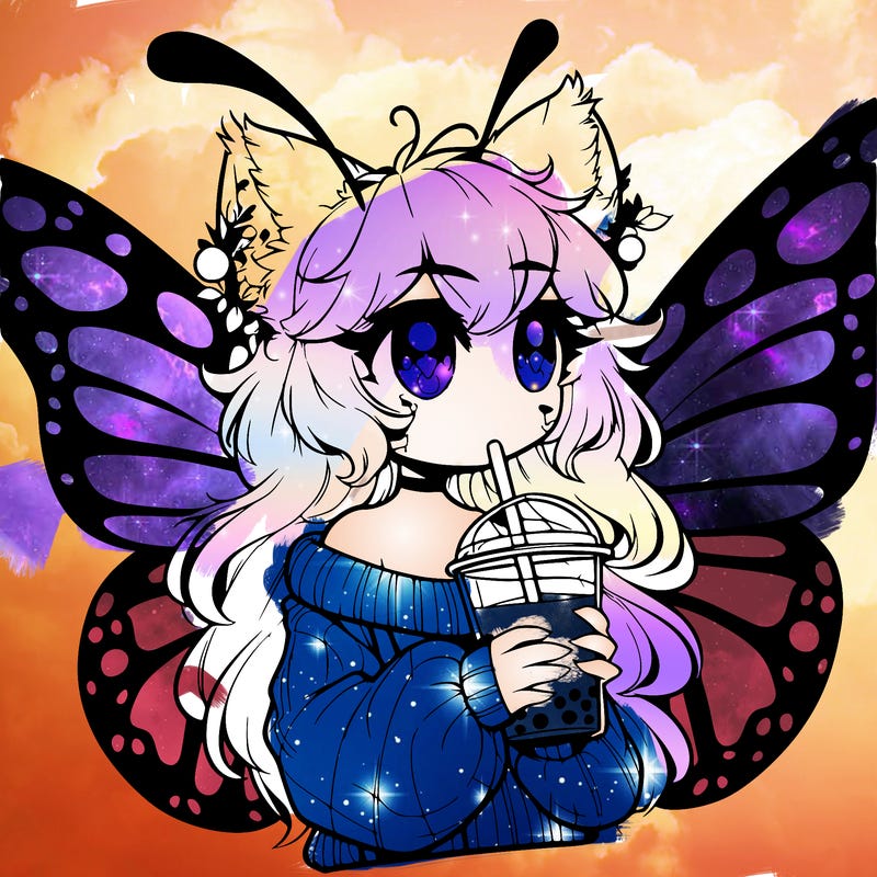 a realistic butterfly/furry girl drinking boba