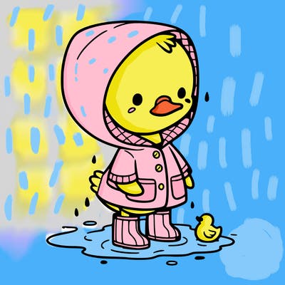 baby duck in a rain coat and boots, in a puddle while it’s raining