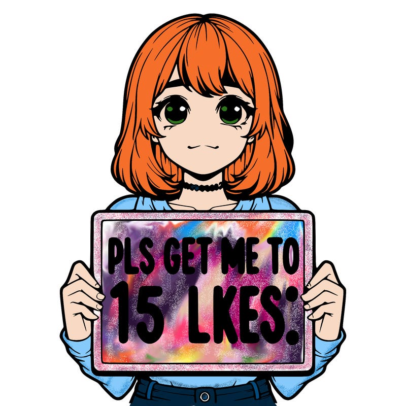 realistic girl holding up a sign that says “pls get me to 15 likes!”