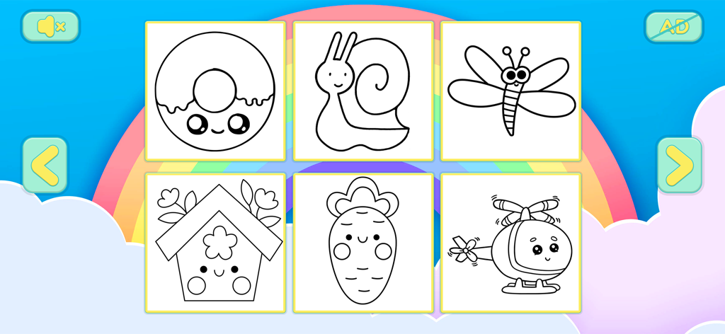 Coloring book Kids Art game - Selection menu of the Coloring book Kids Art game showing simple drawings for toddlers to color