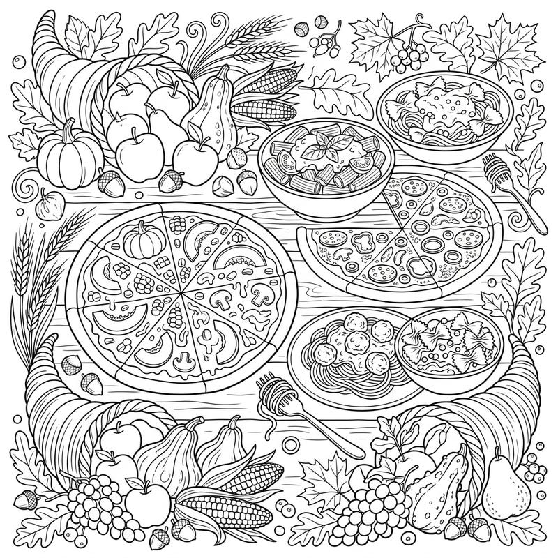 Prepare for a mouth-watering Thanksgiving celebration with this delightful coloring page showcasing a generous spread of pizzas and pastas. Abundant harvest cornucopias complete this festive scene, inviting colorists of all ages to enjoy the spirit of gratitude and gourmet indulgence.