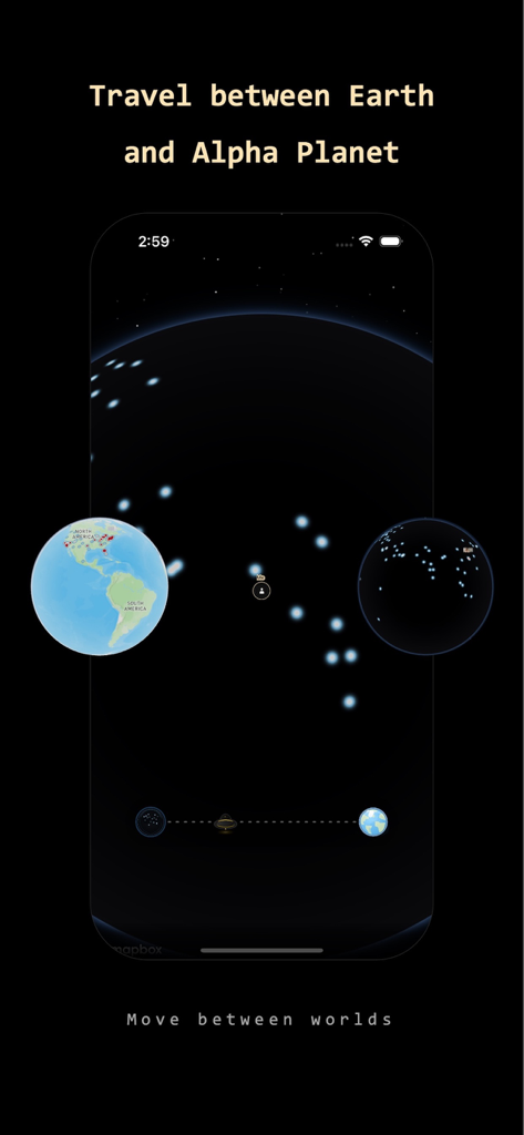 Fancian app interface showing the navigation between Earth and Alpha Planet globes