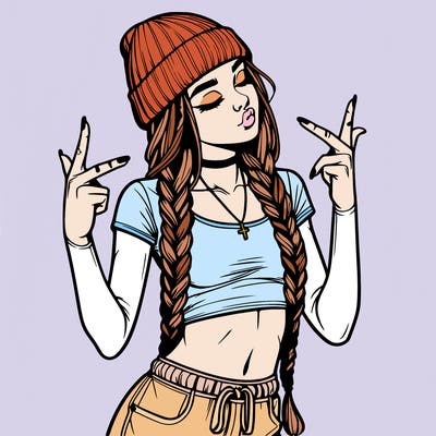 realistic teenage girl with braids and a beanie and crop top doing 🫶🏼