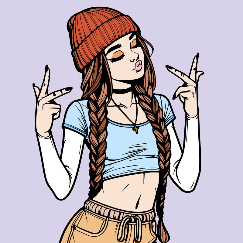 realistic teenage girl with braids and a beanie and crop top doing 🫶🏼