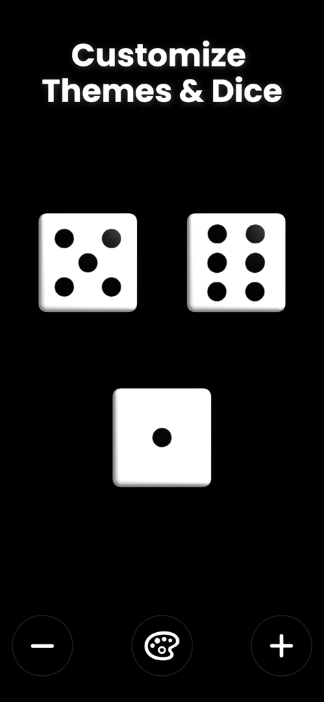 Dice Roller Pro! - Interfaz de la aplicación Dice Roller Pro que muestra dados blancos de seis caras y opciones de personalización de temas sobre un fondo negro