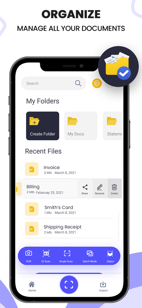 Scanner| Document PDF ScanLens - Ein Smartphone-Bildschirm, der das organisierte Dateiverwaltungssystem der ScanLens App mit benutzerdefinierten Ordnern und kürzlich gescannten Dokumenten wie Rechnungen und Quittungen anzeigt