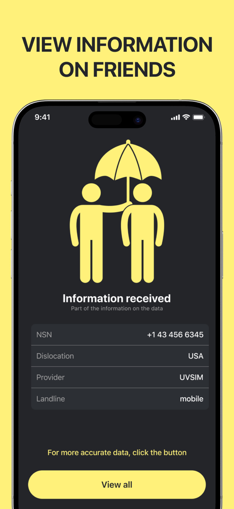 Phone Tracker - Find my Friend - Interfaz de la aplicación Rastreador de Teléfono mostrando la ubicación recibida e información de red para un contacto, incluyendo su número de teléfono y país