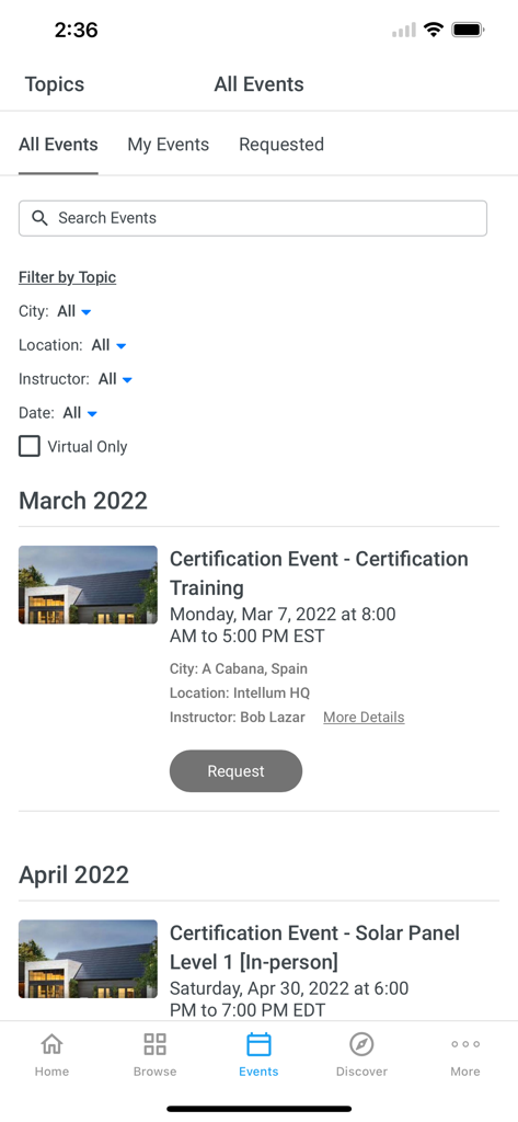 Exceed LMS - Exceed LMS app screen showing available training events and certification courses