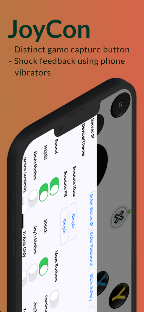 VGamepad Lite settings screen showing JoyCon emulation and haptic feedback options