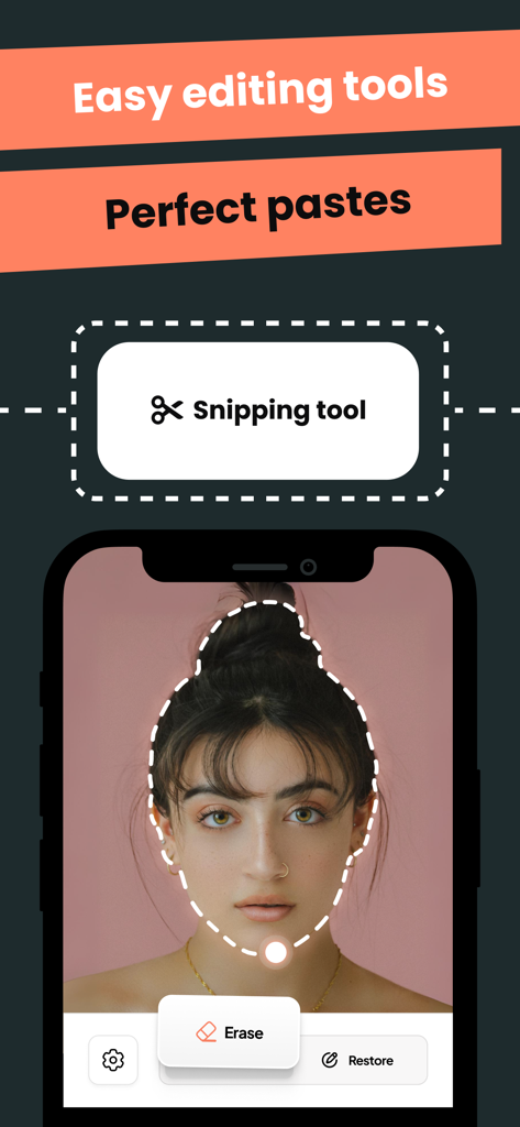 Cut and Paste: Photos Editor - Interface do Editor de Fotos Recorte e Cole mostrando a ferramenta de recorte contornando um retrato para remoção de fundo.